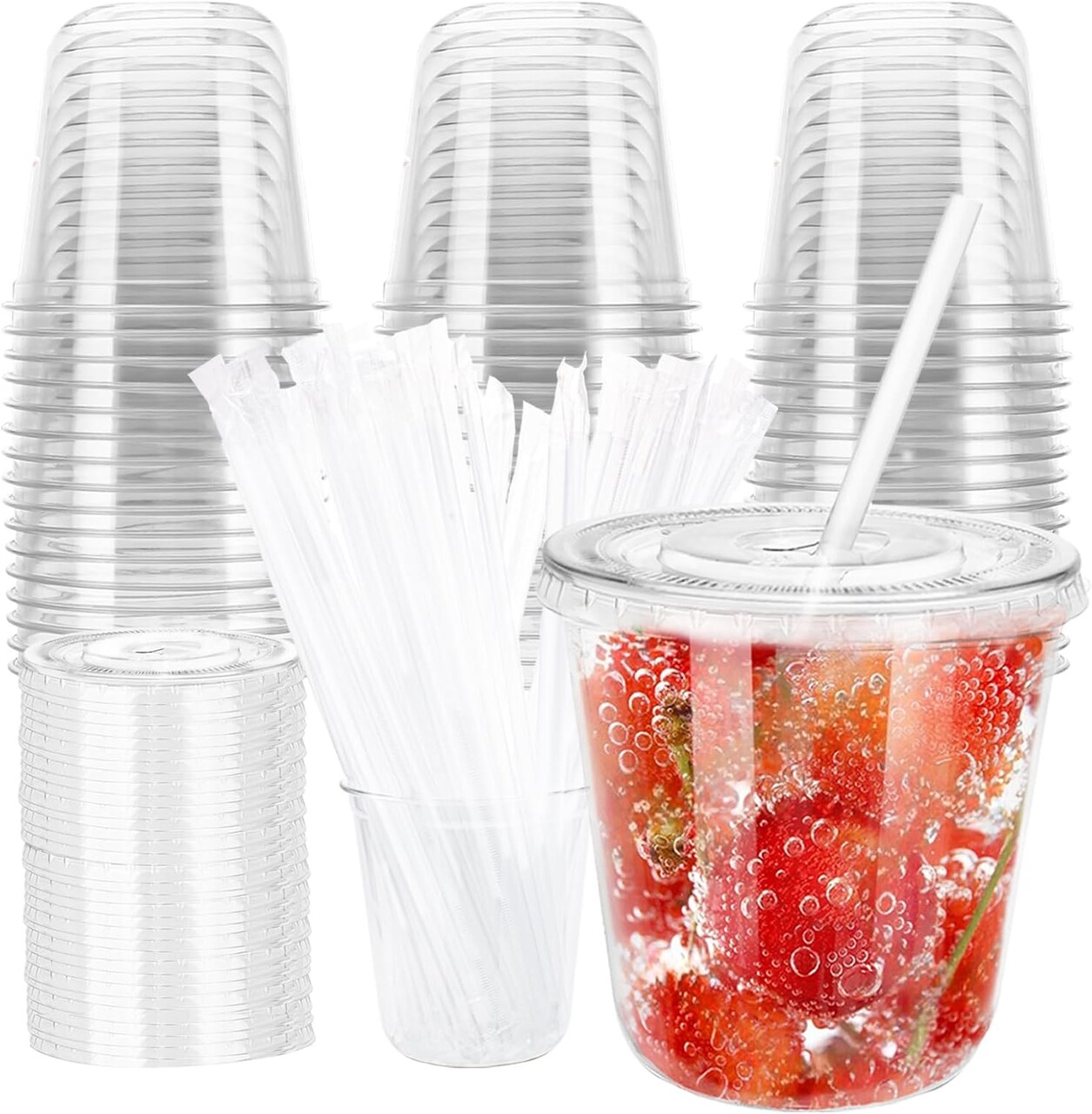 12oz Disposable Stemless Glasses with Flat Lids and Straws,PET Disposable Drinking Cups,Clear Plastic Wine Glasses for Parties